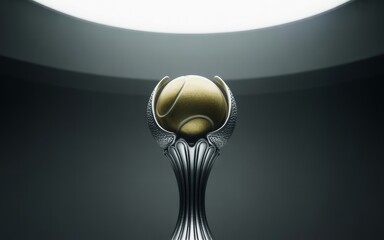 A large golden basketball trophy with silver wings on a pedestal indoors