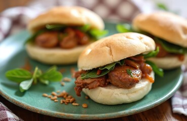 Three asian duck buns are served on green plate with greens. Meat filling is juicy and saucy. Buns are soft and fluffy. Food is tasty and delicious. Great for lunch or dinner meal.