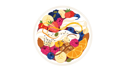 Rich and colorful acai bowl brimming with an assortment of fresh berries, nuts, granola, and a swirl of honey, a super healthy and tasty treat.