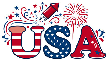 Patriotic USA Letters Illustration with Fireworks and Stars, usa letters illustration, american flag lettering, patriotic artwork, red white blue design, independence day illustration, fourth of july, © TalalAhmad