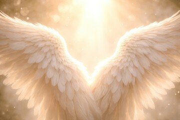 The wings of a white angel are spread wide open, with the sun shining on them