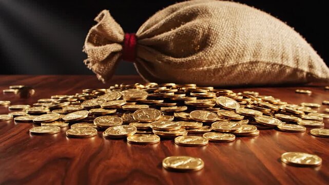 A burlap sack tied with a red string sits beside a large pile of shiny golden coins on a wooden surface.