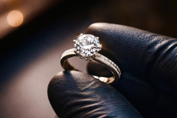 A person is holding a diamond ring in their hand