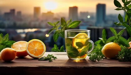verdant infusion a symphony of citrus and herb on rustic wood surface city backdrop