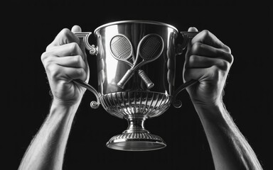 Person holding trophy cup with tennis rackets on it in hands