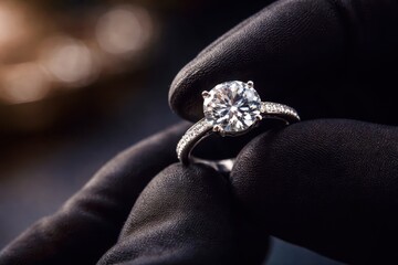 A person is holding a diamond ring in their hand