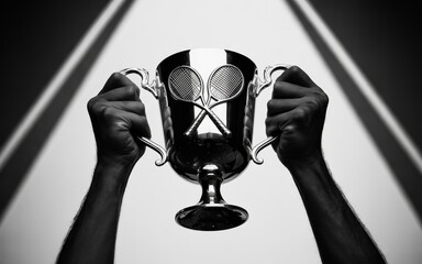 Person holding tennis trophy cup with rackets on white background
