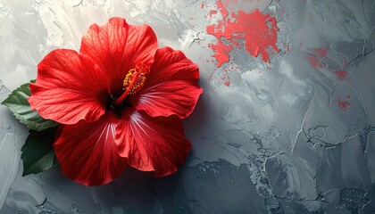 Fototapeta premium Vibrant Red Hibiscus Flower on Gray Textured Background