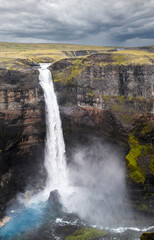 Iceland Travel: Haifoss waterfall canyon in the Highlands of Iceland is the highest waterfall in Iceland.