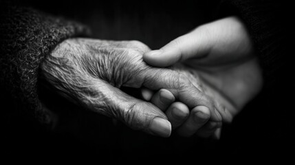Fototapeta premium Emotional Black-and-White Photo of Caregiver Holding Elderly Hand