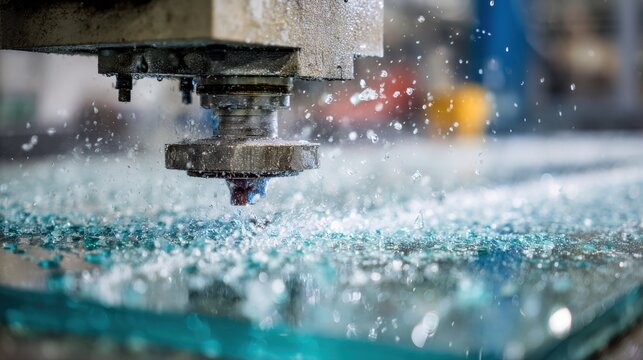 Close-up of a milling machine cutting into a glass surface, creating small shards and spraying water.