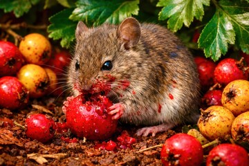 A small mouse is eating a red fruit