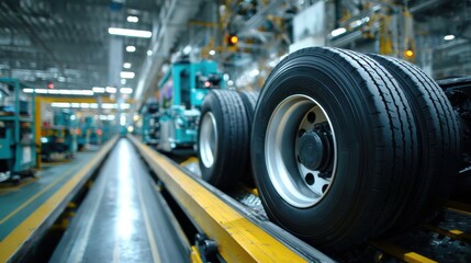Close-up of large truck tires on an assembly line in a factory