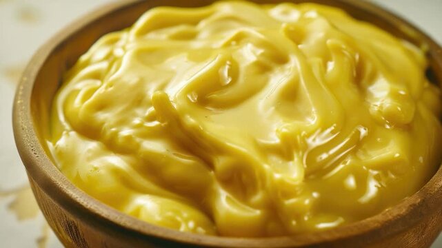 Video A wooden bowl filled with melted cheese and tangy sauce, perfect for snacking or serving at a party