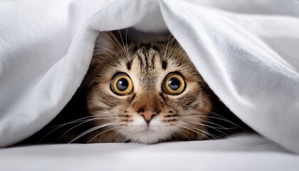 a cat peeking out from a white blanket with curious eyes