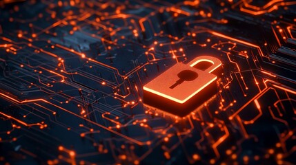 A glowing orange padlock secures a futuristic circuit board with neon lights