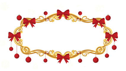 Luxurious golden ornamental Christmas frame, adorned with elegant red bows and hanging festive ornaments, perfect for holiday greetings and designs.