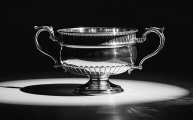 Elegant silver trophy cup with handles on pedestal in spotlight