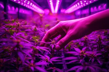 A hand is reaching into a field of purple plants