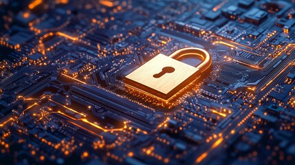 A gold padlock sits securely on a circuit board with glowing orange lights representing digital security and data protection