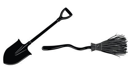 Simple black and white illustration of a shovel and a broom © MdMostafa