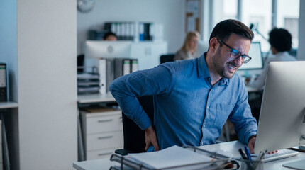 Man suffers back pain at desk. Office worker grips lower back pain while using computer, showing back pain prevention for World Health Day, workplace safety week, wellness concept, copyspace