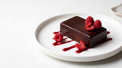 Chocolate dessert with raspberry sauce and fresh berries on a white plate sitting on a simple table