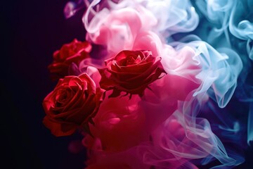 A close up of three red roses in front of a blue and pink smoke