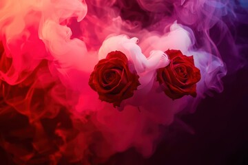A close up of three red roses in front of a blue and pink smoke