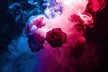 A close up of three red roses in front of a blue and pink smoke