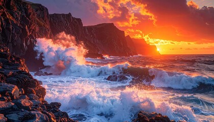 Vibrant Sunset Over Dramatic Ocean Cliffs with Crashing Waves