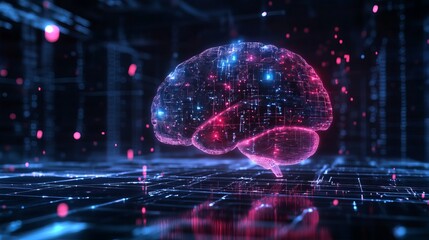A futuristic digital brain glows with vibrant pink and blue lights in a dark technological environment.