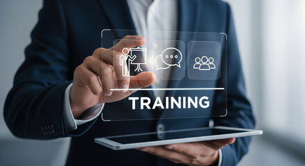 Professional man interacting with digital interface for business training and development