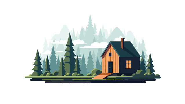 Charming small cabin with a rustic design, surrounded by a serene pine forest and mountains, offering a peaceful retreat in nature.