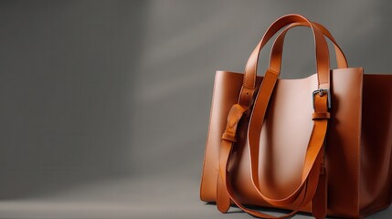 Elegant brown leather tote bag with adjustable straps on a minimalist gray background