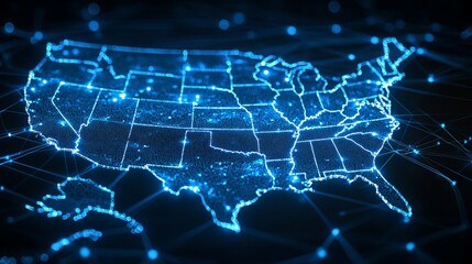 A glowing blue map of the United States showcasing a network of connections and data points across the country