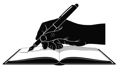 A silhouetted hand holding a pen over an open book illustration style