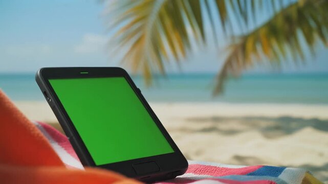E-reader device on a beach towel with tropical foliage and ocean in the background.