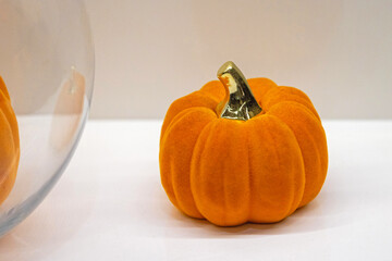 One Plush Pumpkin With Golden Stem Fancy Halloween Decoration