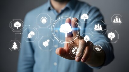 Environmental sustainability icons symbolizing eco-friendly solutions and green initiatives on a digital interface