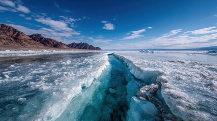 Large crack in the ice of a frozen lake with clear blue water and mountain range under a blue sky