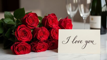 Romantic red roses with an “I love you” card and champagne glasses. AI generated.