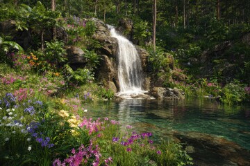 Obraz premium A picturesque cascade flowing into a crystal-clear pool, encircled by lush greenery and vibrant wildflowers