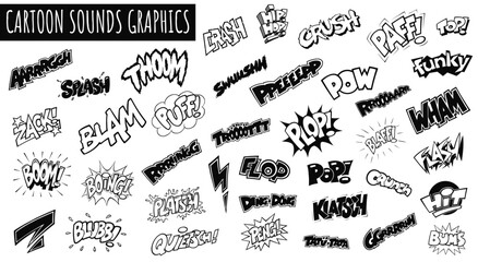 Dynamic Comics: Comic-style sound effects graphic words, capturing the energetic and explosive essence of comic storytelling and pop art.