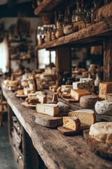 Rustic Dairy Shop Displaying Hand-Cut Cheeses on Wooden Boards in Soft Natural Light