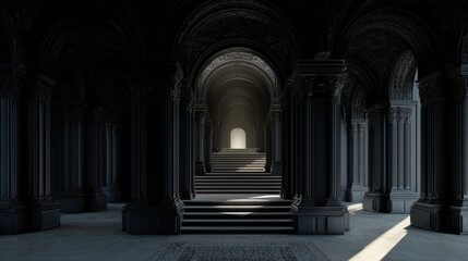 Obraz premium Majestic dark gothic interior with ornate black pillars and grand staircase leading to a bright arched doorway