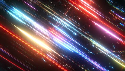 Dynamic abstract scene with streaking colorful light trails across a black, cosmic background