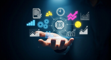 Obraz premium Hand presenting digital dashboard with business analytics and technology icons for planning and growth