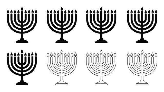 A collection of menorahs in various styles black and white depictions