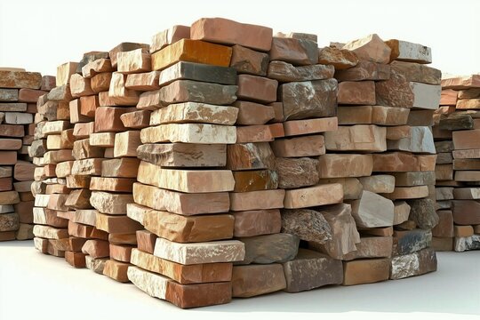 Stacked used bricks isolated on a light background.